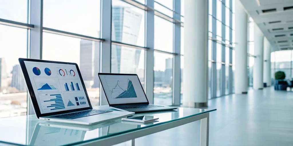 A Facebook ads management service reviewing campaign performance analytics on laptops.