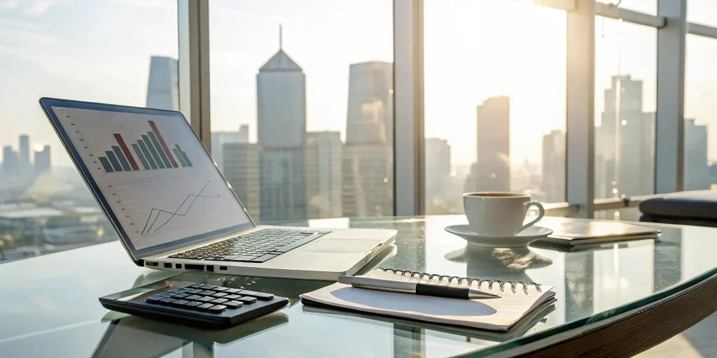 Creating business plan financial projections on a laptop with charts, a calculator, and a notebook.