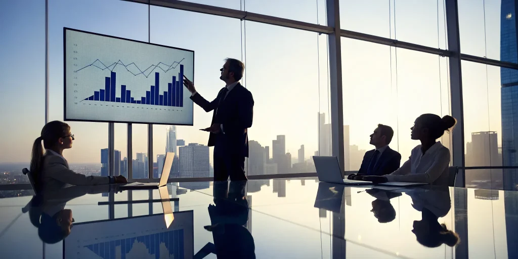 A business team reviews financial strategy charts with their outsourced CFO services provider.