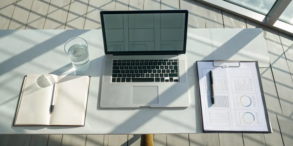 A sales meeting agenda template being prepared on a desk with a laptop and notebook.