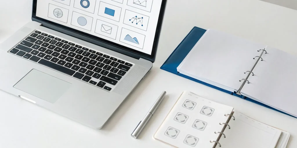Laptop showing an SBA business plan template, with a notebook and binder on a desk.