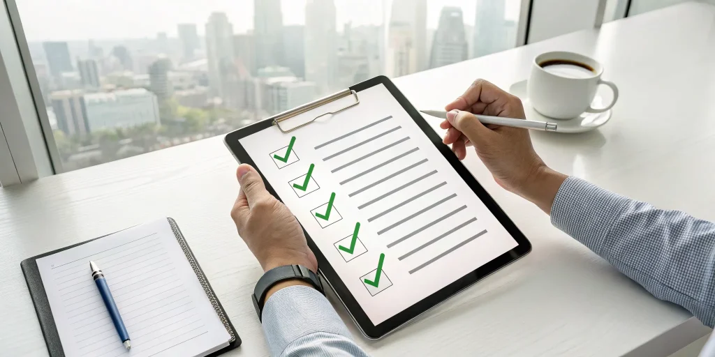 An employee onboarding checklist on a tablet with tasks checked off.