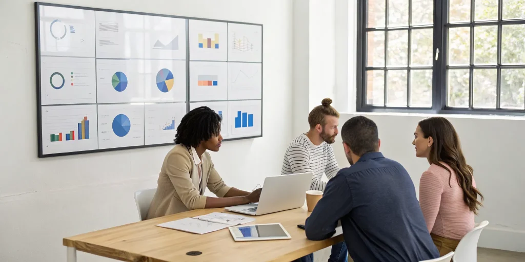 A performance management system for a small business team reviewing analytics on a computer screen.