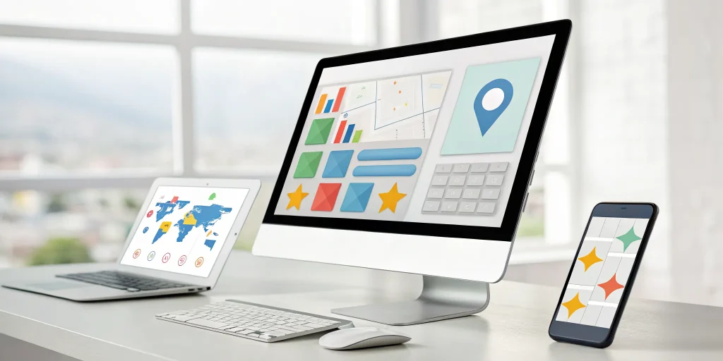 Google Business Profile optimization service analytics on desktop and mobile screens.