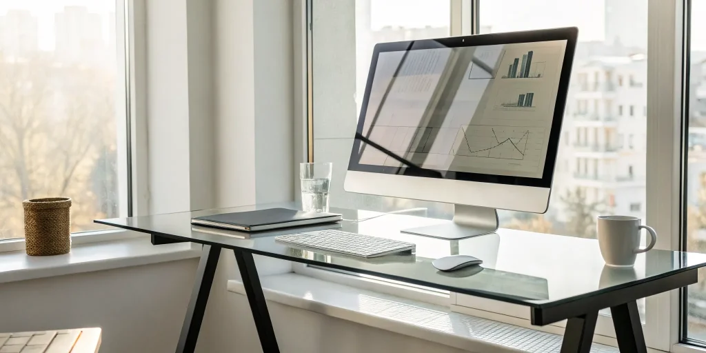 A computer on a desk showing a budget vs actual reporting dashboard with charts and graphs.