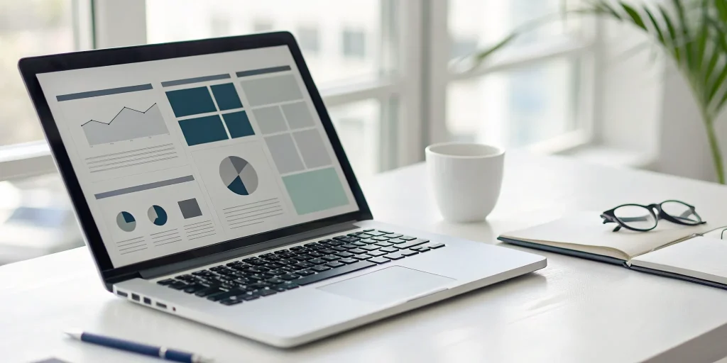 A business plan template PDF with charts and graphs on a laptop screen.