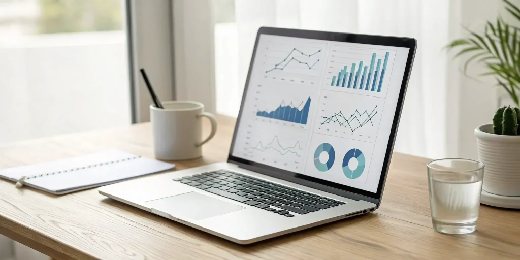 A laptop showing a revenue forecast template with charts used to project future business revenue.