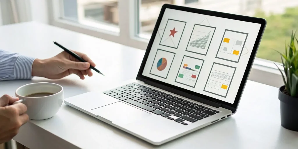 A person analyzes charts on a laptop to choose a blog writing service.