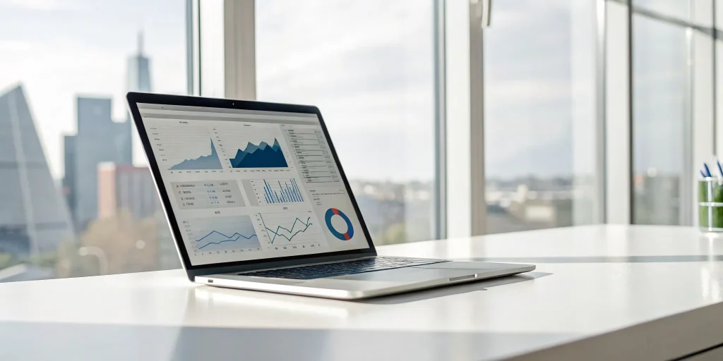 Laptop displaying a marketing reporting dashboard with charts and graphs.