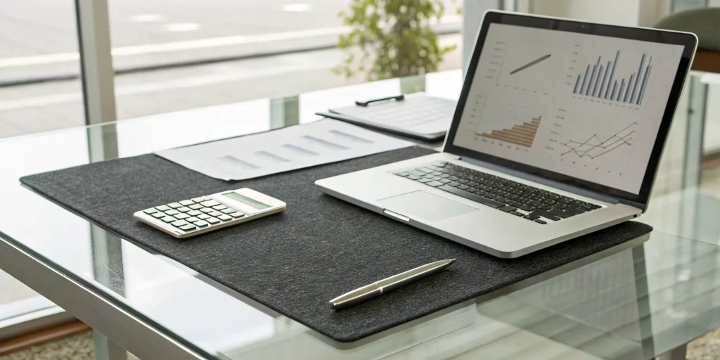 Pro forma financial statements example on a laptop with charts and a calculator.