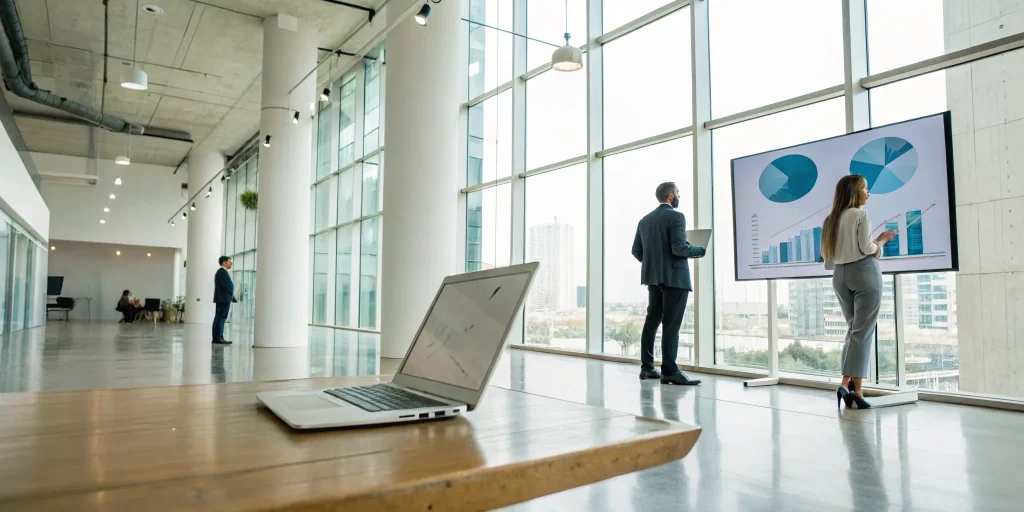 A virtual CFO for startups helps a team analyze financial charts on a screen.
