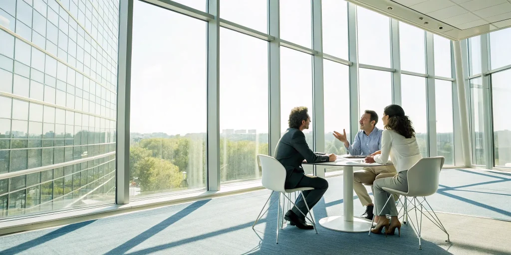 A conflict resolution coach guides two professionals through a workplace disagreement.