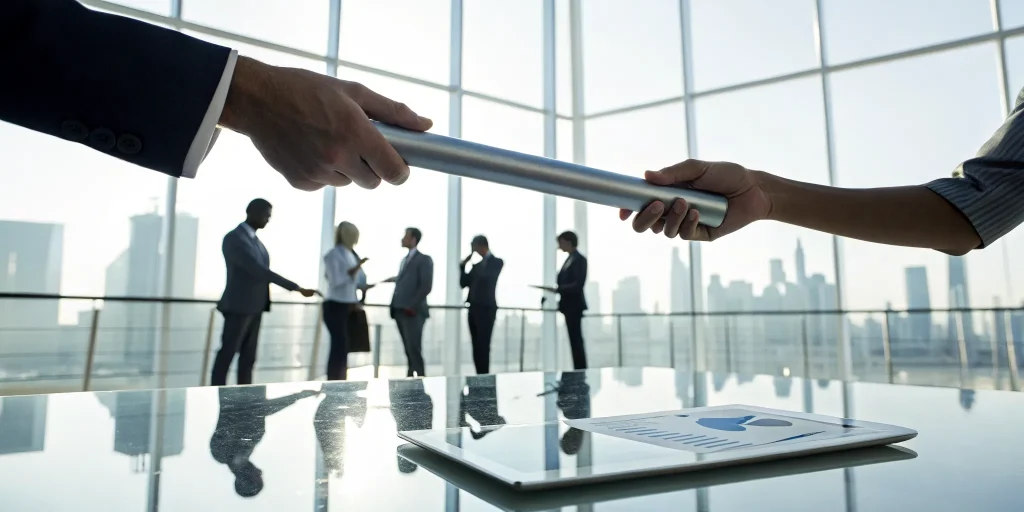Professionals pass a baton, ensuring a smooth transition with succession planning consulting.