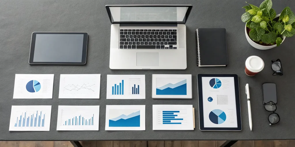 Laptop and charts on a desk for a pitch deck design service to secure funding.