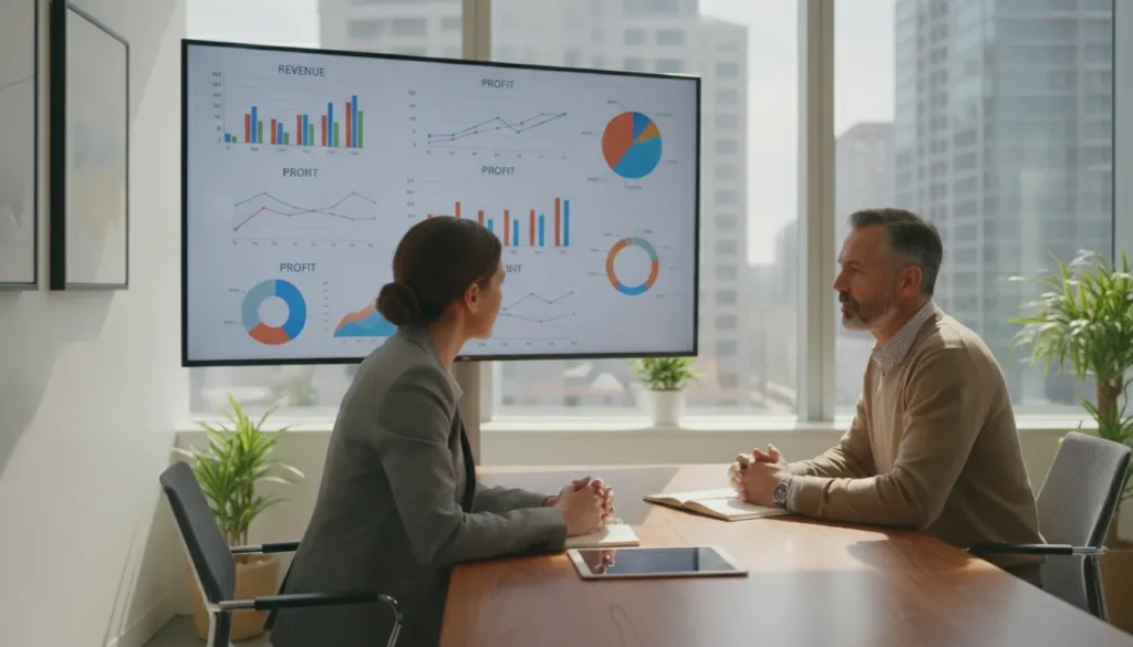 Business owner and consultant reviewing revenue and profit charts