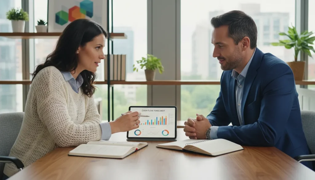 Business owner and consultant reviewing a cash flow forecast