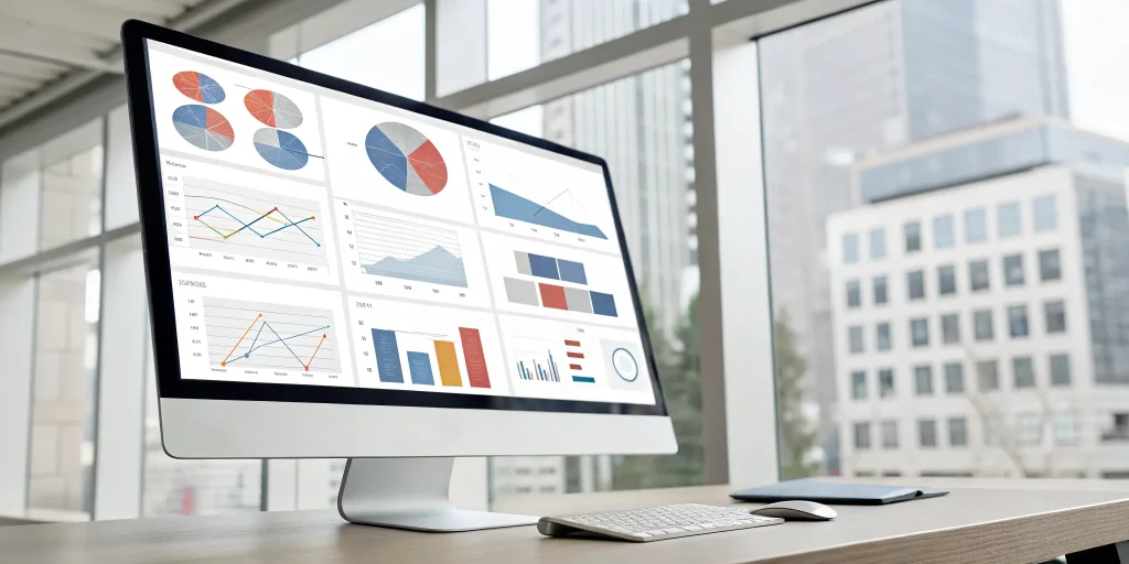 A board deck template on a computer screen showing key metrics and financial performance charts.