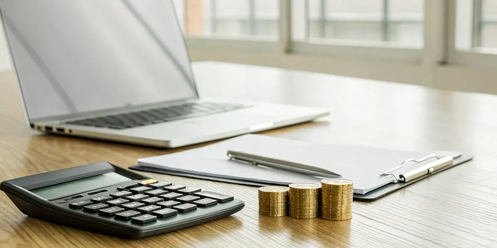A calculator, stacked coins, and a laptop on a desk for calculating cash runway.