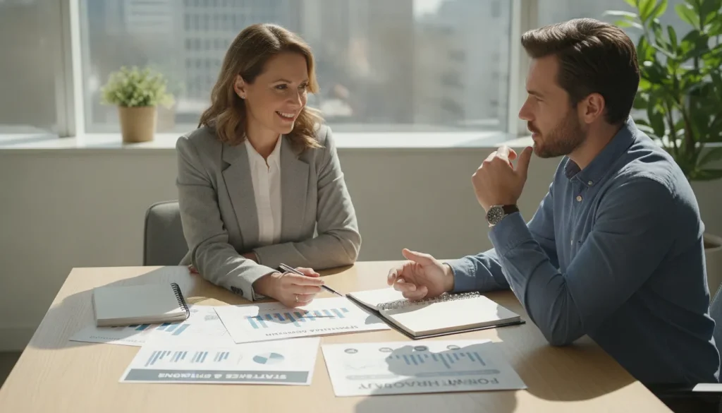 Business owner meeting with business plan consultants