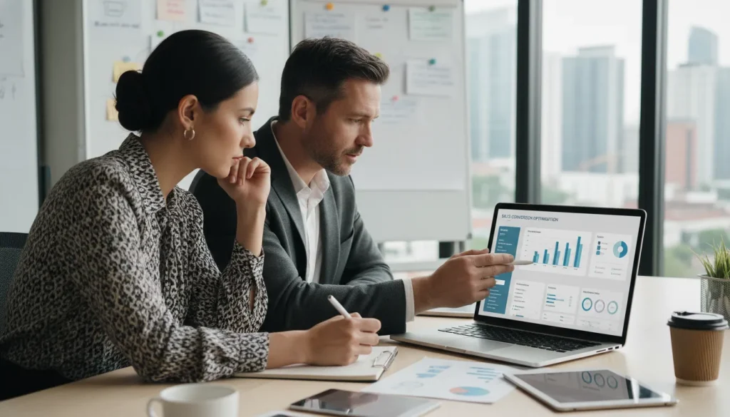Sales conversion process dashboard reviewed by business consultants