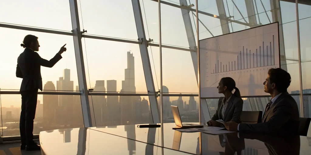 An interim CFO leads a consulting meeting, reviewing financial charts with a team.