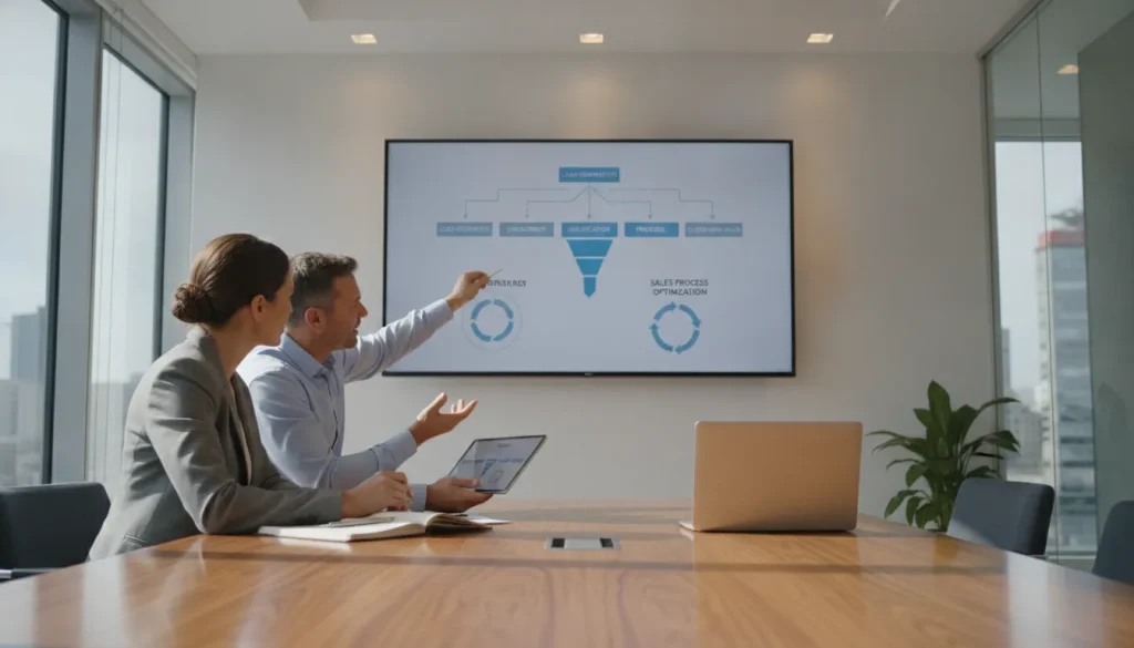 Business owner and consultant reviewing a customer acquisition funnel