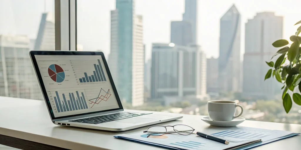 Startup financial model template on a laptop showing revenue projections and cash flow charts.