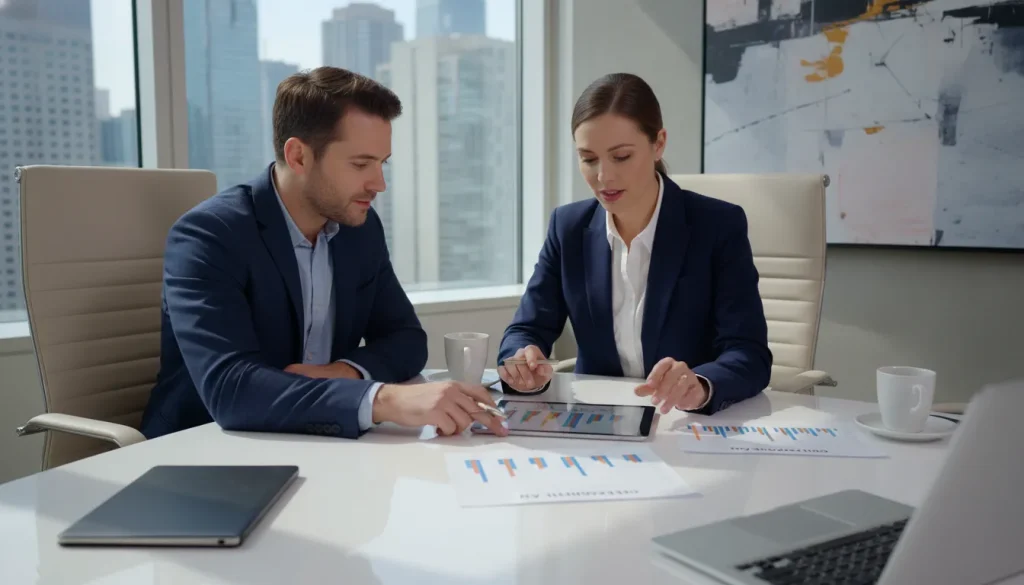 Business consultant reviewing plans with a small business owner