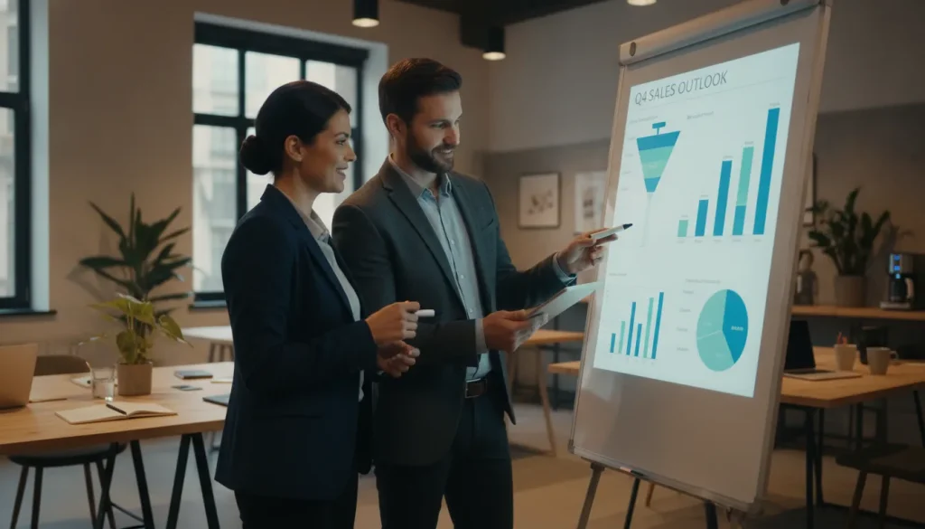 Two business owners reviewing sales pipeline charts on a whiteboard in a modern office