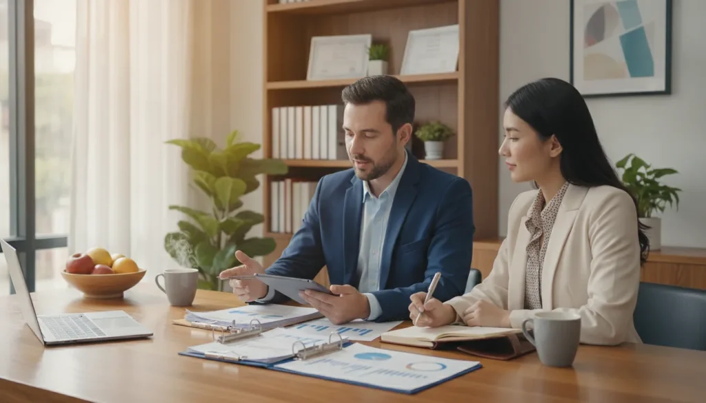 Business consultant and SMB owner sitting at a conference table reviewing financial documents and strategy plans