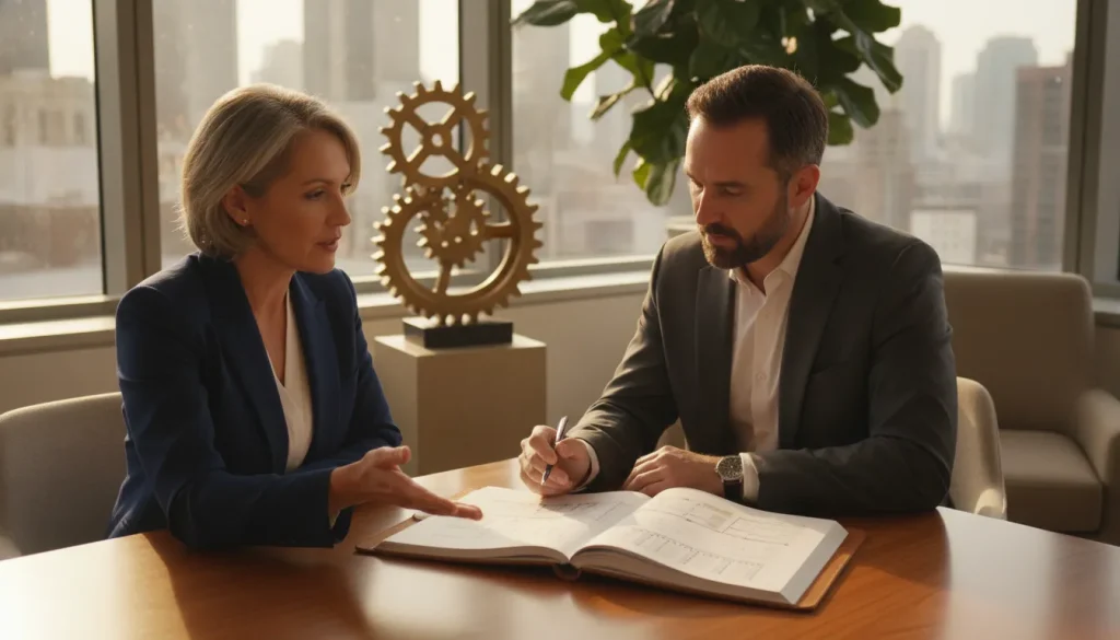 Business owner reviewing succession documents with a consultant in a professional office