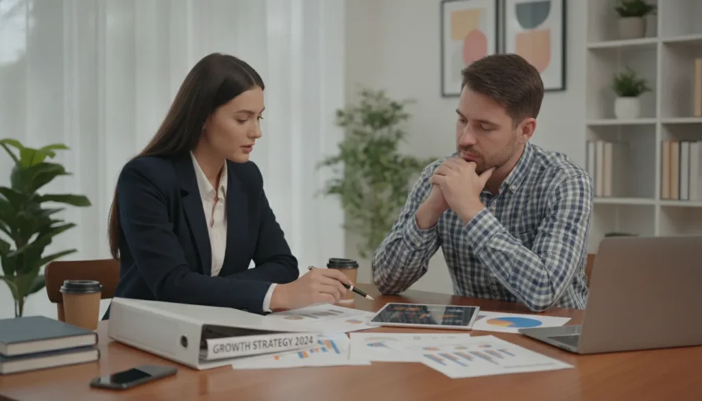Professional business consultant meeting with a small business owner at a desk reviewing growth strategy documents