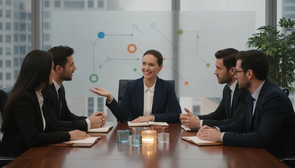 Business owner and leadership team reviewing growth strategy documents at a conference table