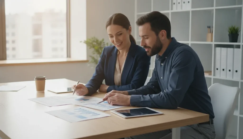 Business consultant and owner reviewing business plan documents together
