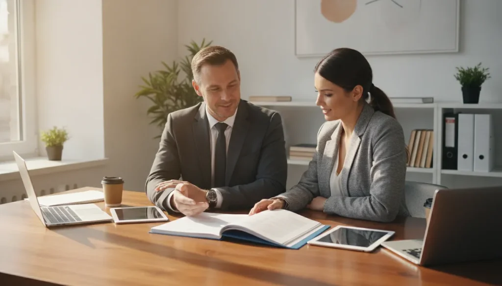 Business consultant and small business owner reviewing a business plan document together at a desk