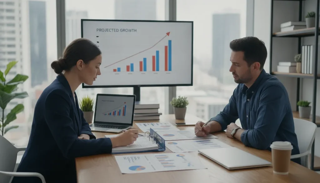 Business consultant meeting with small business owner reviewing strategic growth plans