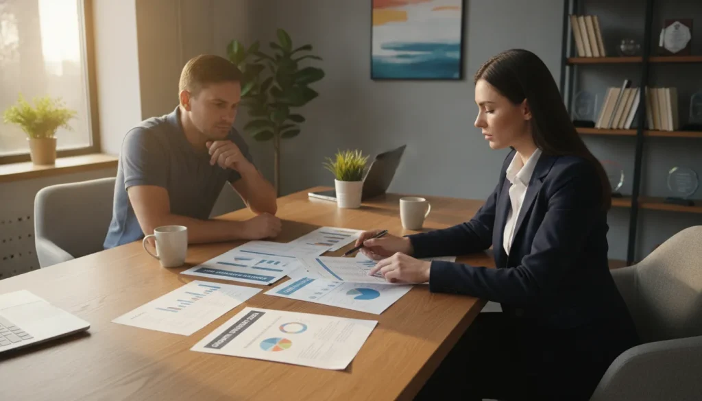 Business consultant meeting with small business owner reviewing strategy documents