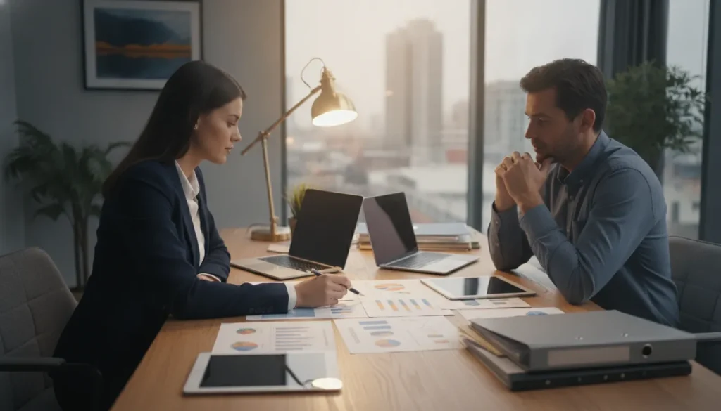 Business consultant and client reviewing financial strategy documents with charts and reports on a conference table