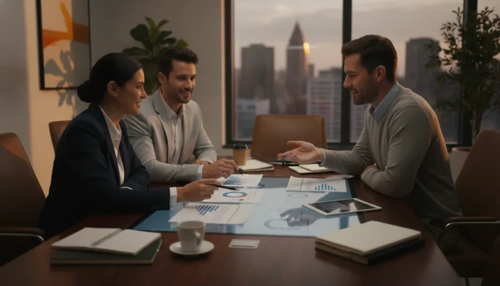 Business owners and consultant reviewing growth strategy documents at a desk