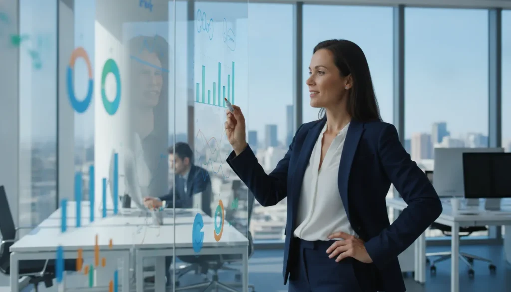 Business owner reviewing goals and metrics on a whiteboard in a modern office