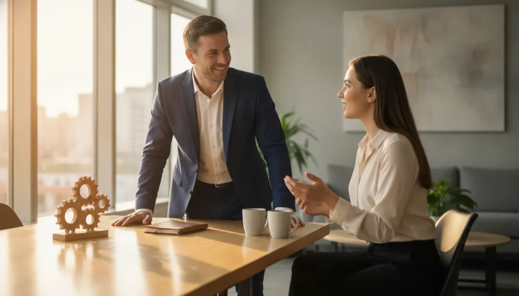 Business consultant meeting with a small business owner in a modern office, discussing strategy at a table