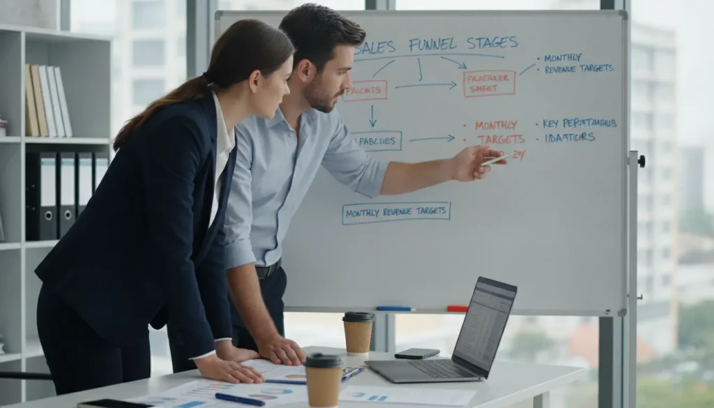 Business consultant reviewing sales pipeline KPIs with a small business owner in a professional office setting