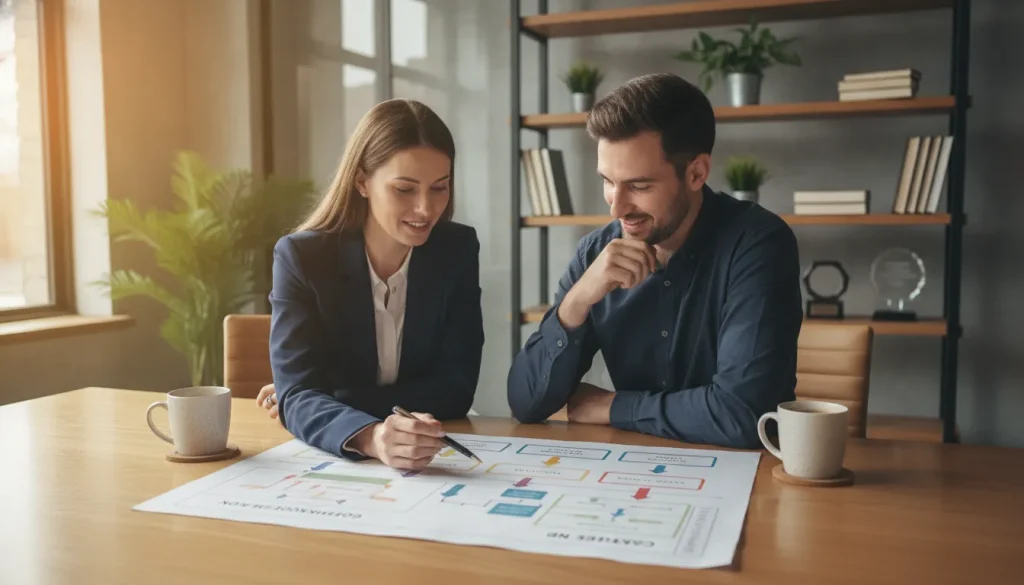Business consultant reviewing a sales pipeline flowchart with a small business owner