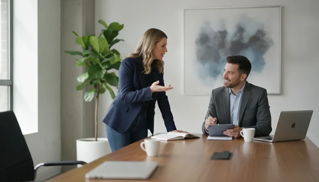 Small business owner discussing growth options with a small business consultant in a modern office.