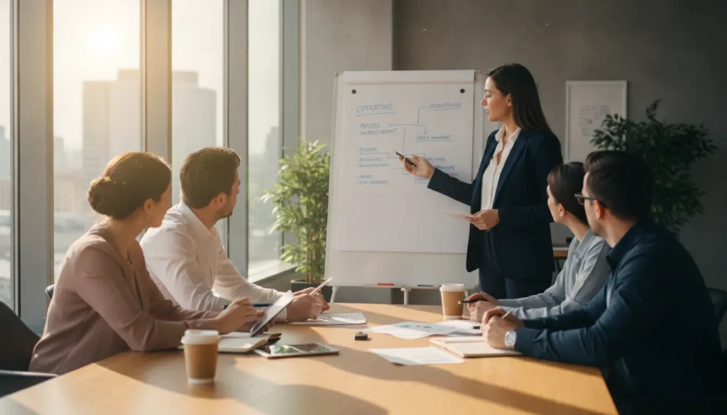 Business consultant leading a strategy meeting with small business team in modern office