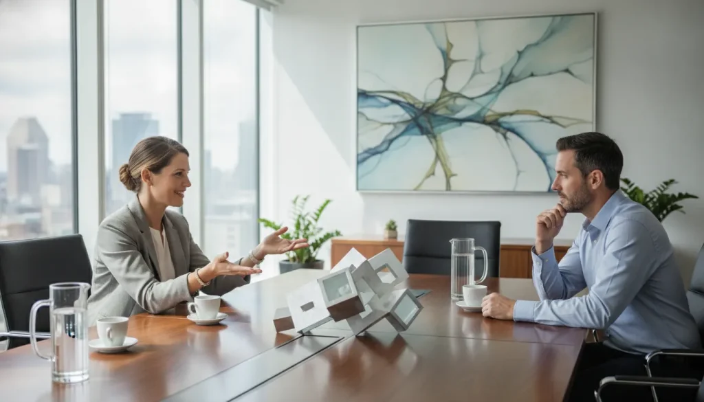 Two business advisors meeting with an owner at a table in a bright modern office
