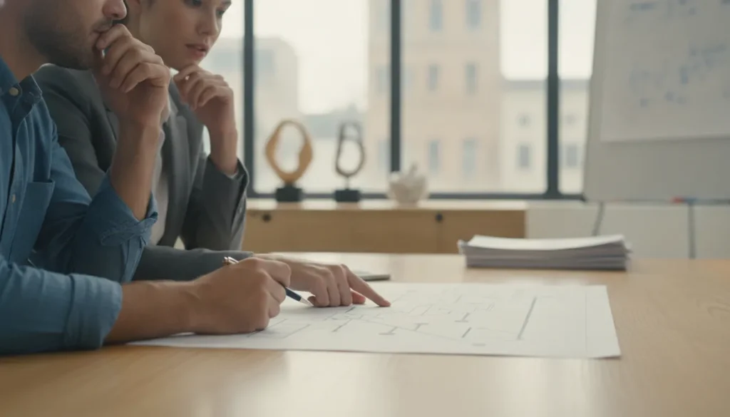 Hands-on business consultant and small business owner reviewing an operational plan together in a bright office