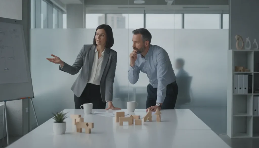 Business owner meeting with an operations consultant reviewing workflow at a clean desk in a modern office