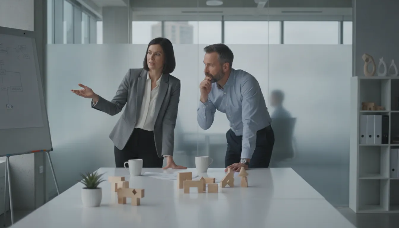 Business owner meeting with an operations consultant reviewing workflow at a clean desk in a modern office