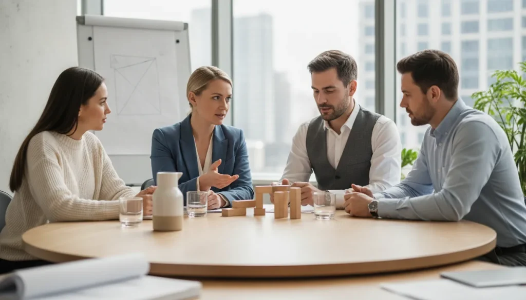 Business process improvement meeting with owners in a modern office